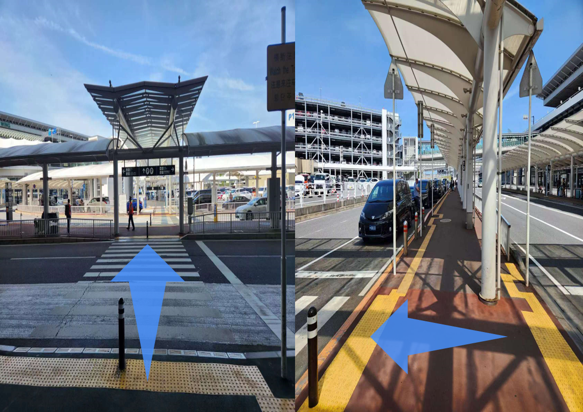 【S2番ゲート】を出て、2本の道路を渡る